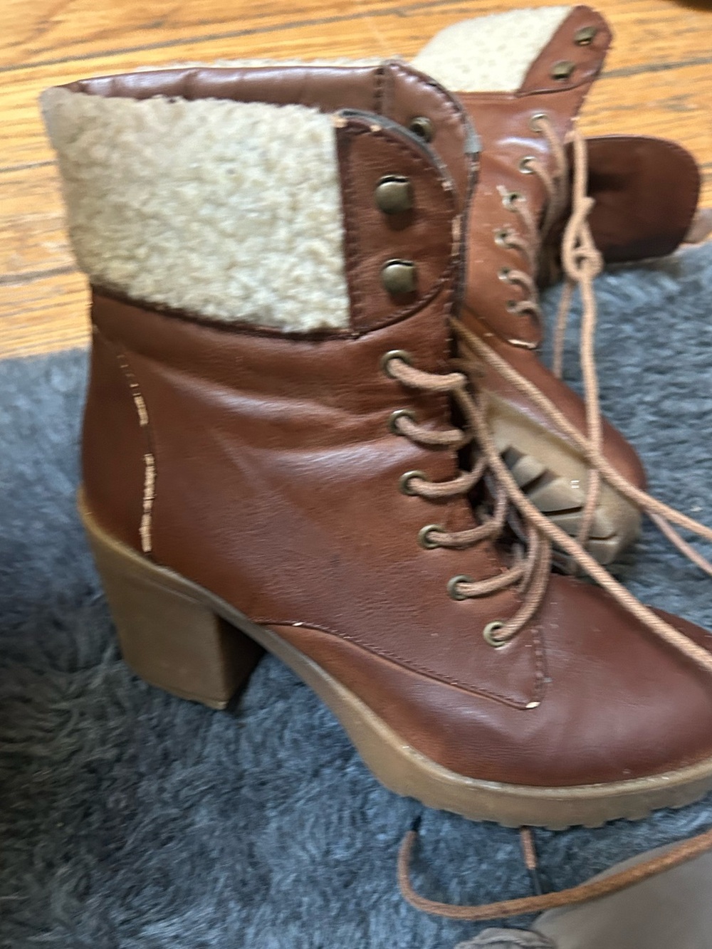Women's Brown Faux-Shearling Lace-Up Ankle Boots